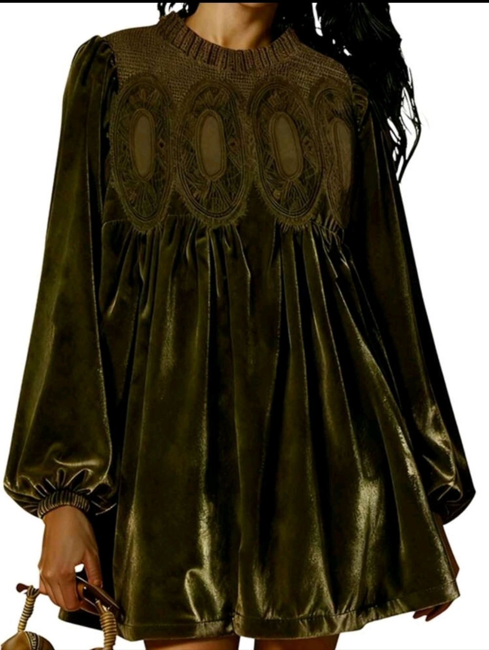 Olive Green Velvet Long-Sleeve Smocked Yoke Mini Dress NWT - Picture 3 of 4